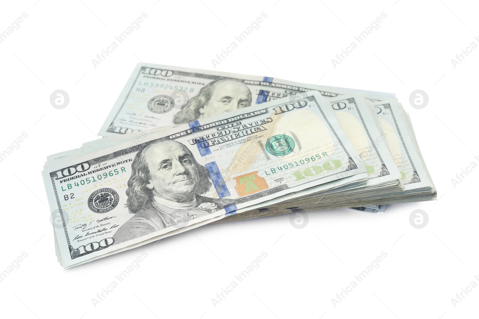 Photo of Many dollar banknotes on white background. American national currency