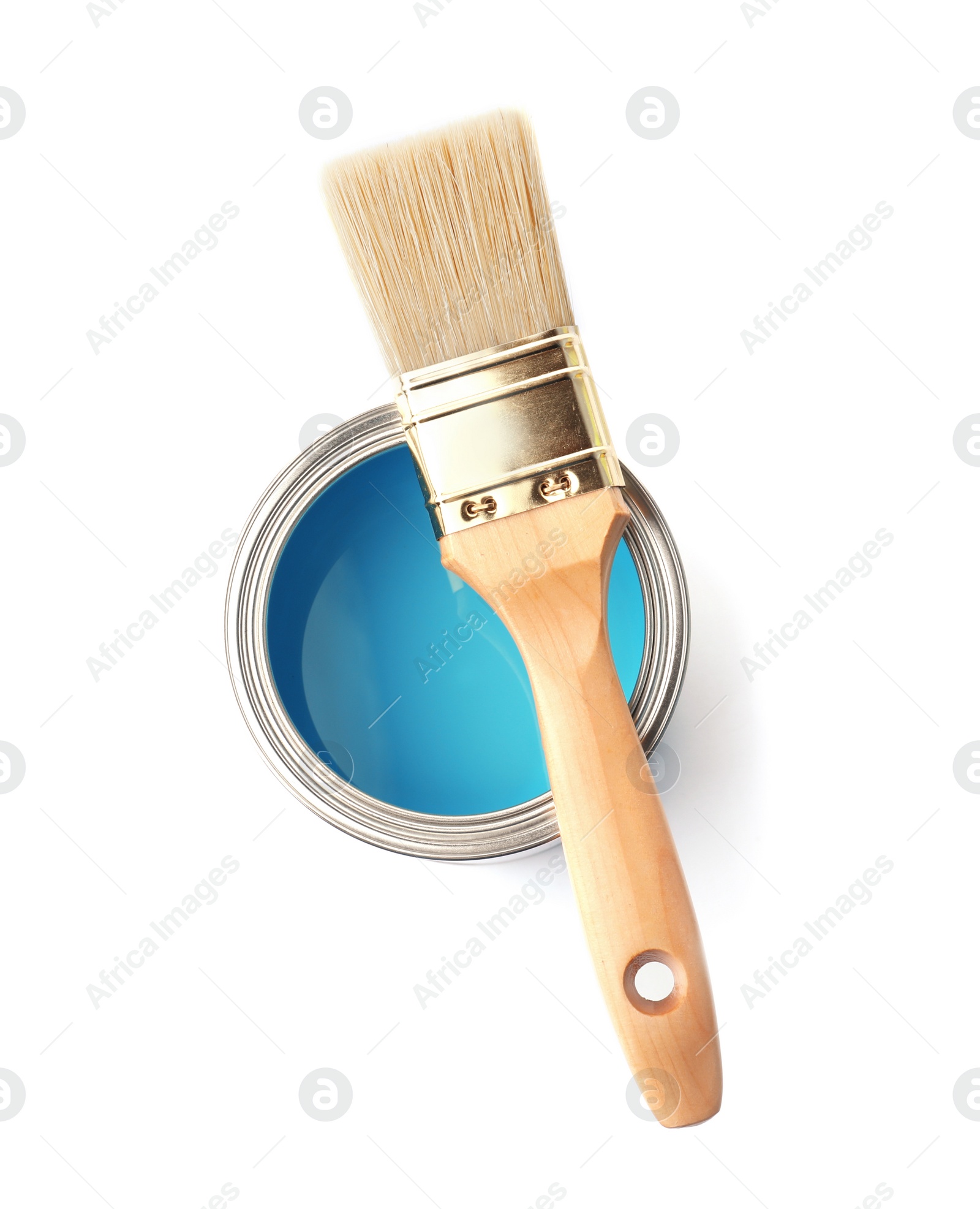 Photo of Paint can with brush on white background, top view