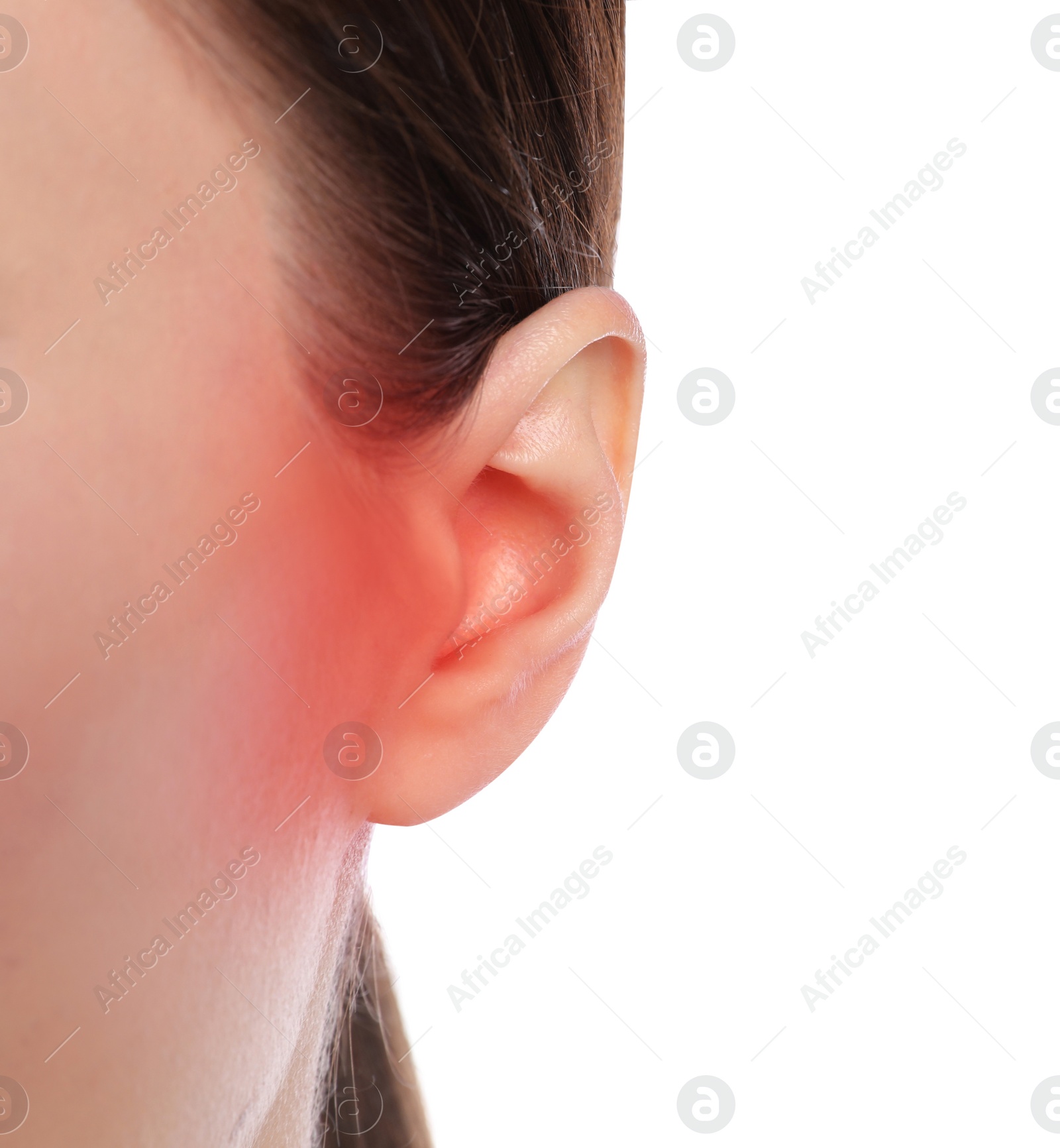 Image of Woman suffering from ear pain on white background, closeup