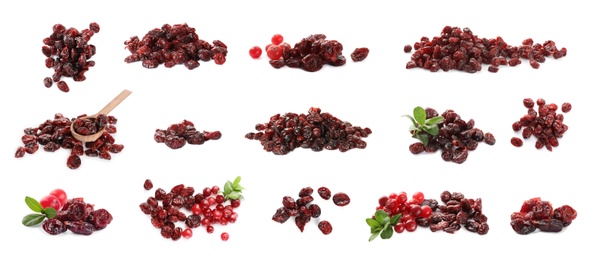 Image of Collage with dried cranberries on white background, banner design