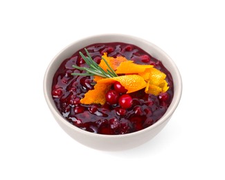 Photo of Fresh cranberry sauce, rosemary and orange peel in bowl isolated on white
