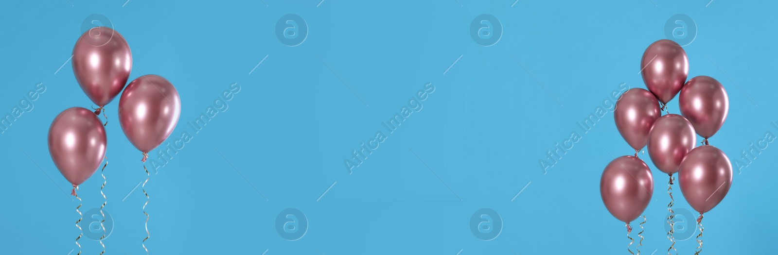 Image of Pink balloons on light blue background, space for text. Banner design 