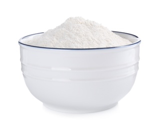 Organic flour in ceramic bowl isolated on white.