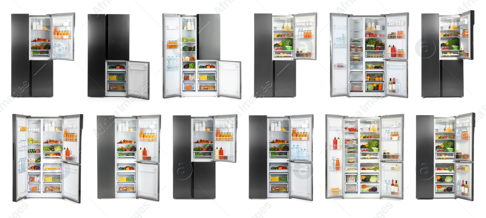 Image of Collage of modern refrigerators on white background