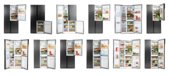 Collage of modern refrigerators on white background