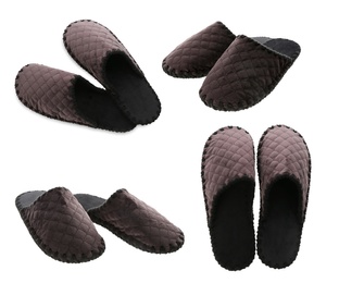 Image of Collage with closed toe slippers on white background