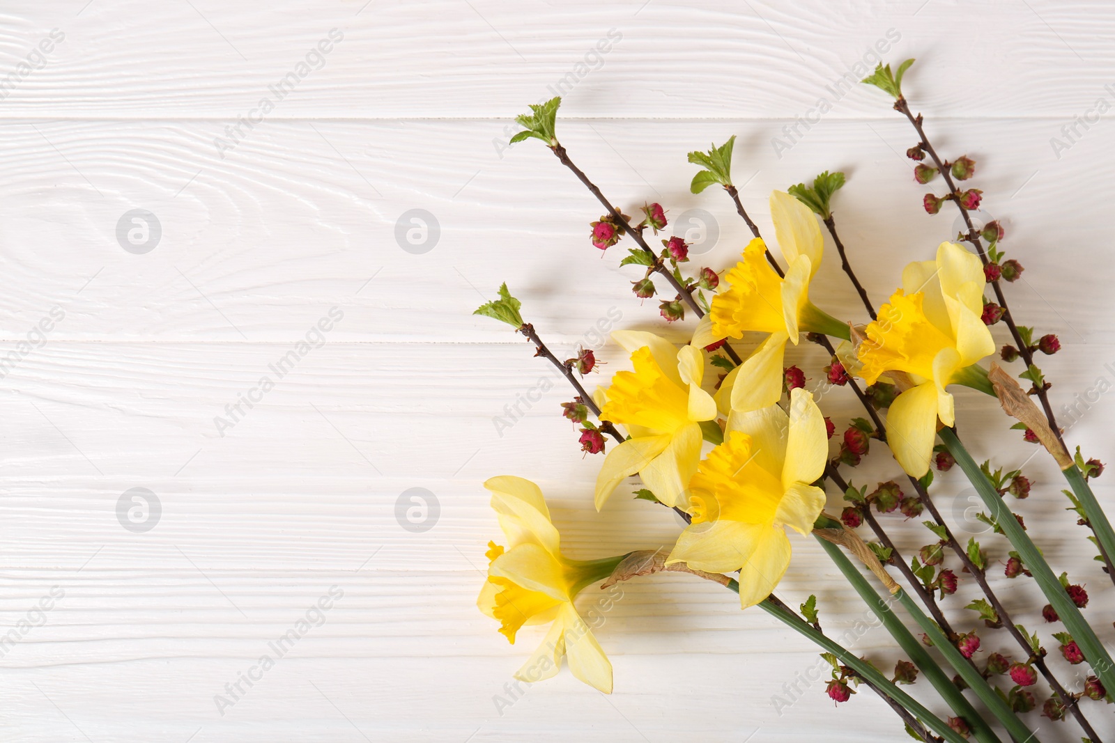 Photo of Bouquet of yellow daffodils and beautiful flowers on white wooden table, top view. Space for text