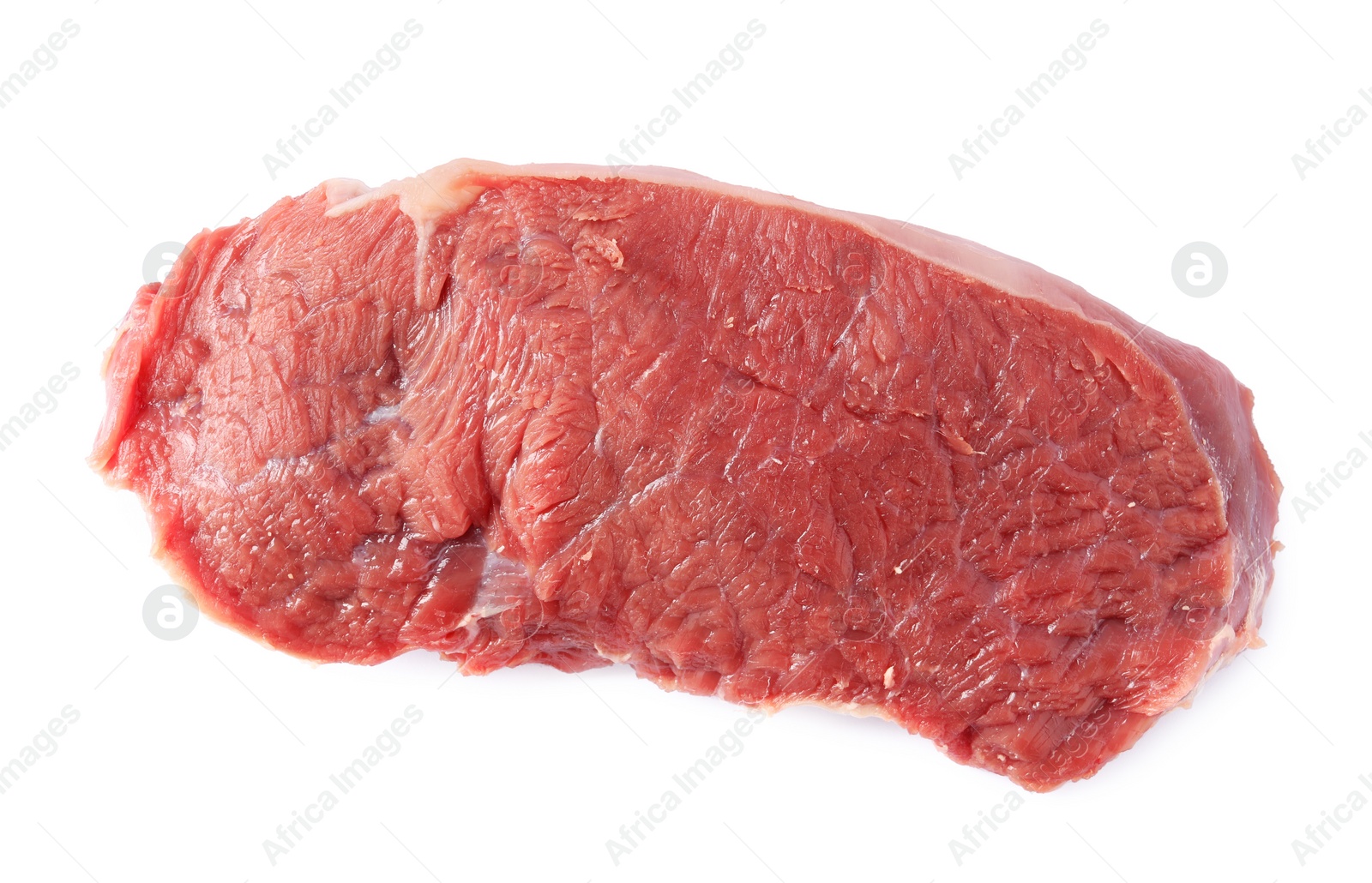 Photo of Piece of raw beef meat isolated on white, top view