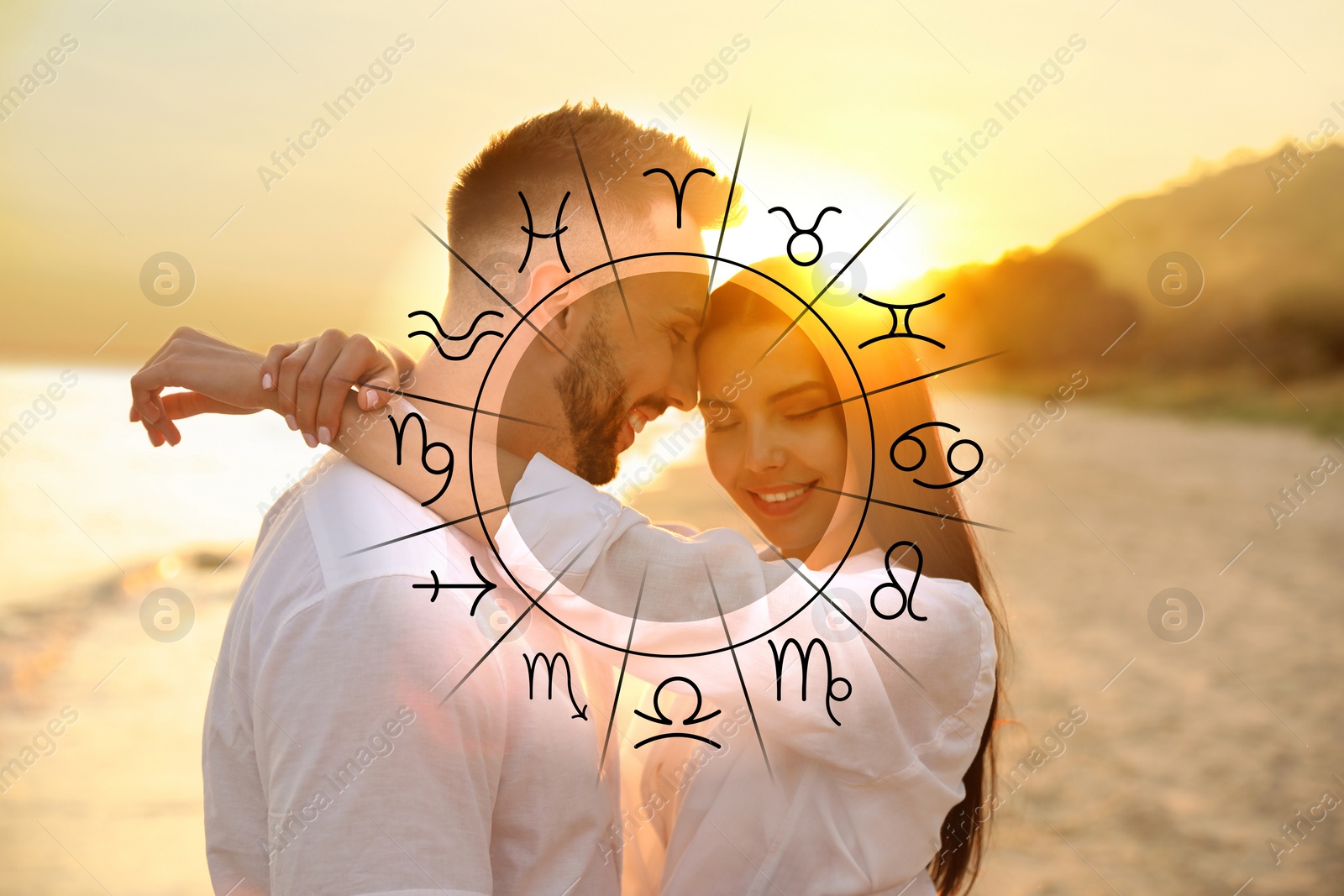 Image of Horoscope compatibility. Loving couple on beach at sunset and zodiac wheel