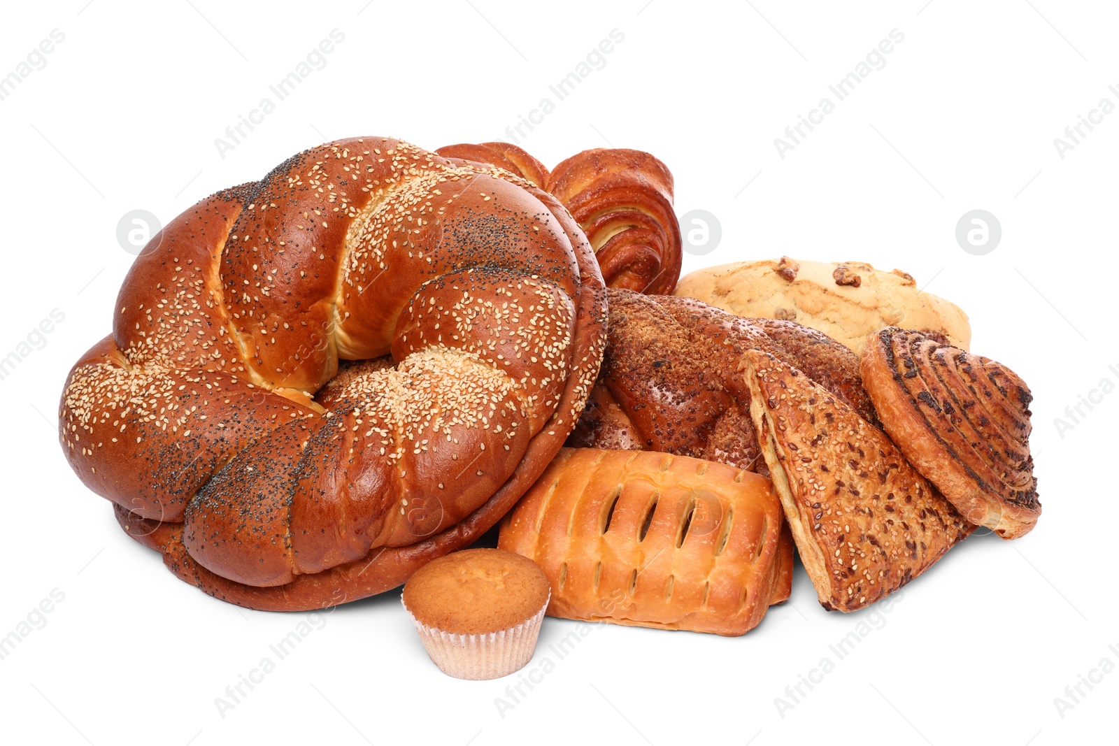 Photo of Many different tasty pastries isolated on white