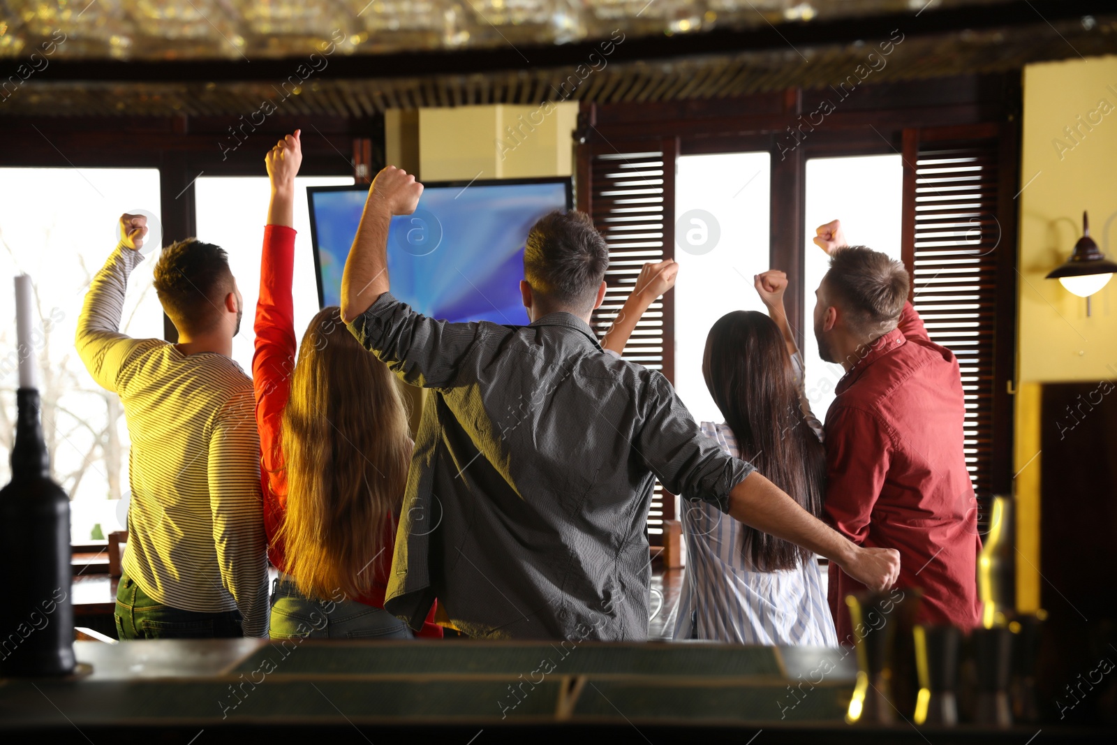 Photo of Group of friends watching football in sport bar, back view