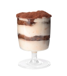 Photo of Delicious tiramisu cake in glass isolated on white