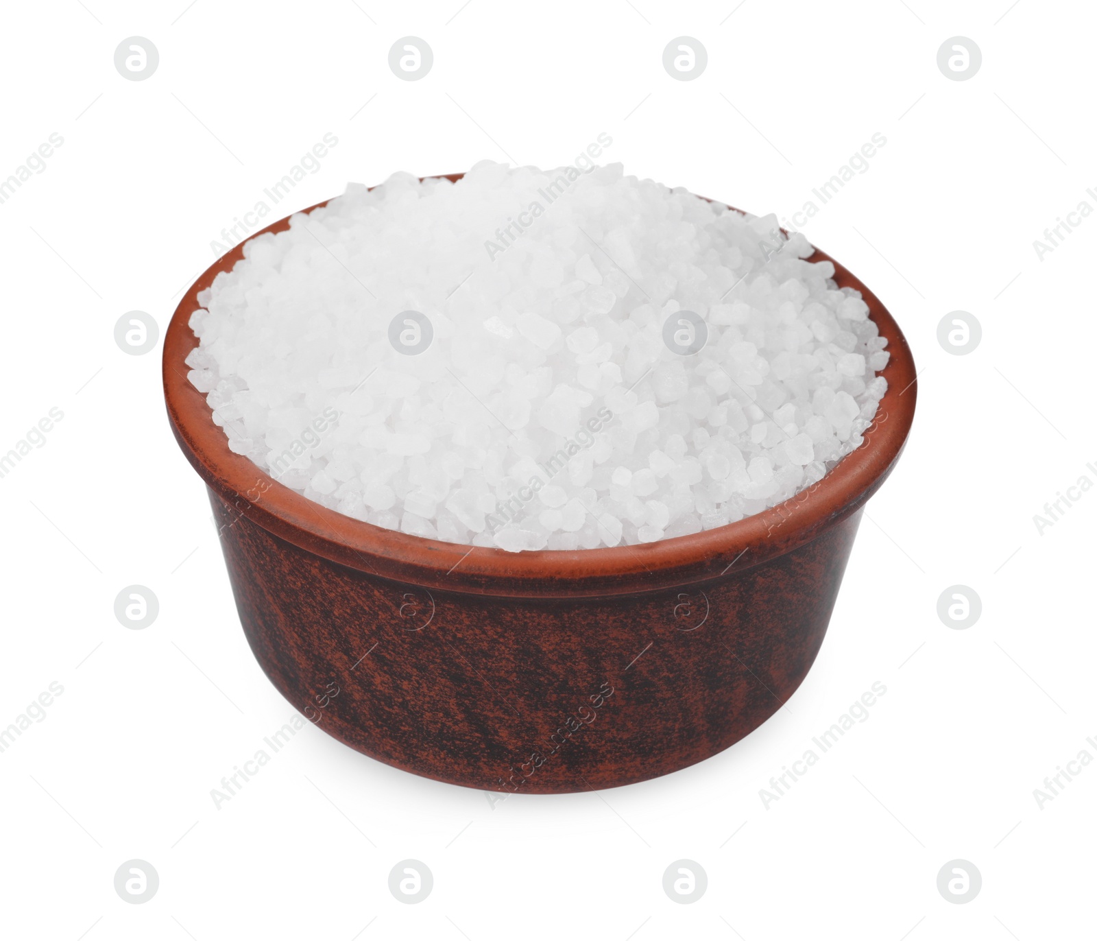 Photo of Ceramic bowl with natural sea salt isolated on white