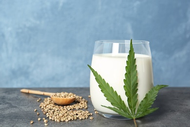 Composition with hemp milk on grey table