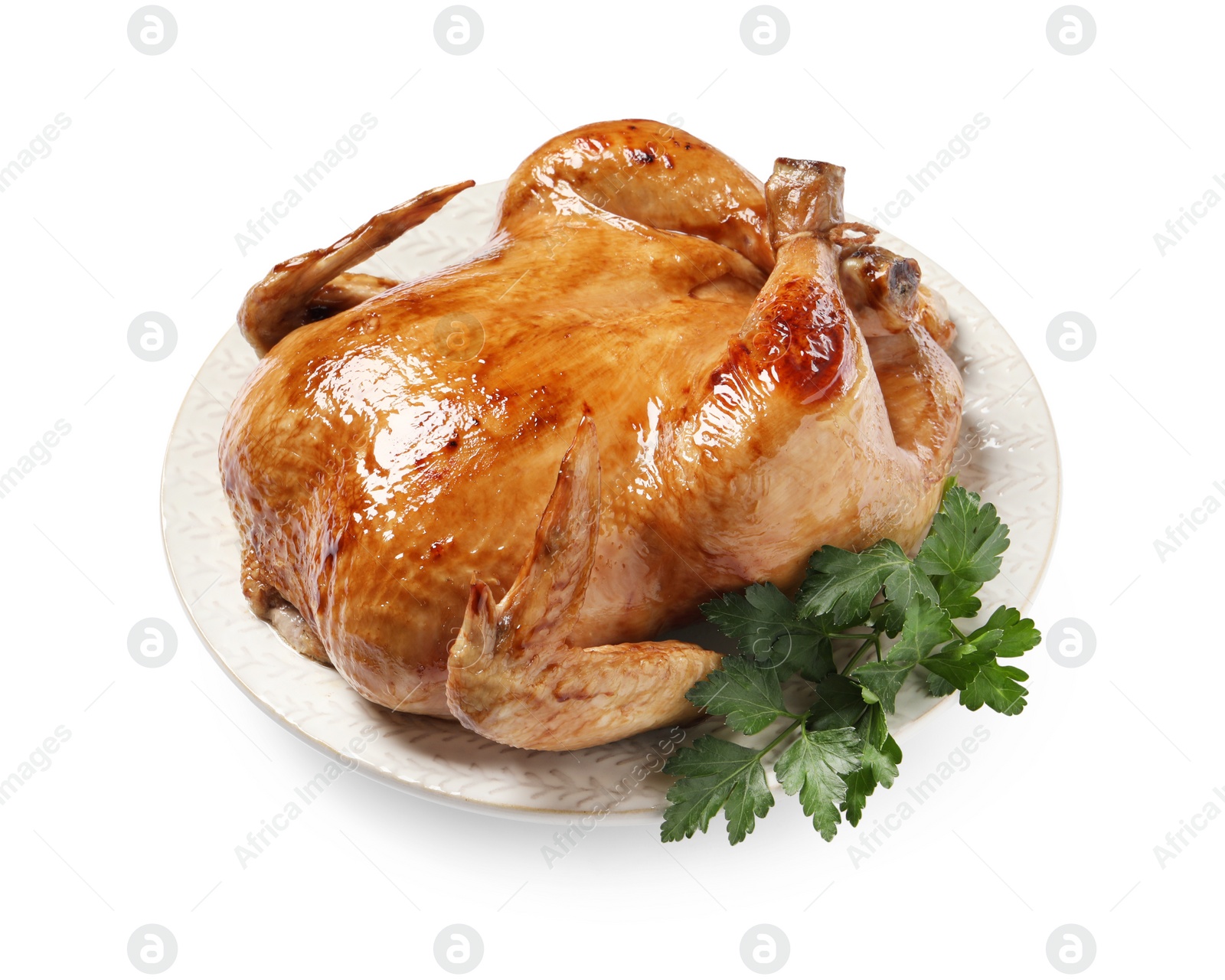 Photo of Tasty roasted chicken with parsley isolated on white