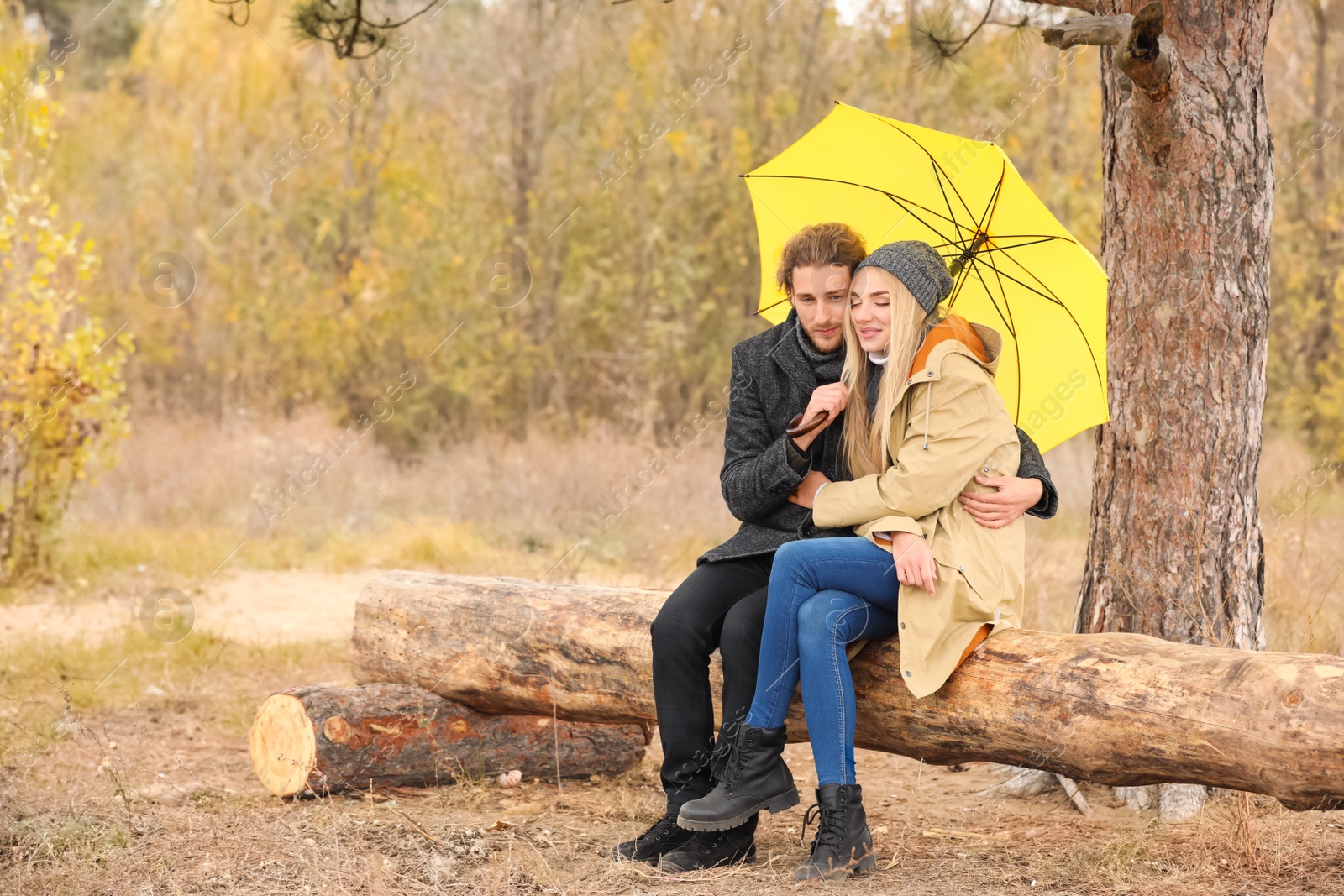 Photo of Young romantic couple with umbrella in park on autumn day