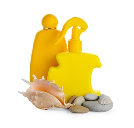 Photo of Different suntan products, seashell and stones on white background