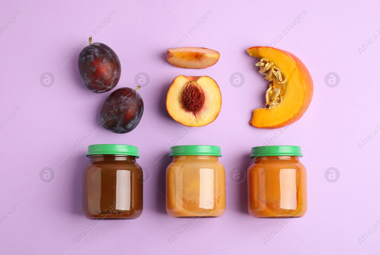 Photo of Flat lay composition with healthy baby food and ingredients on violet background