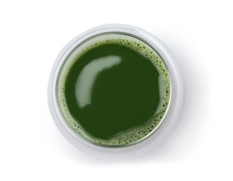 Photo of Glass of fresh wheat grass juice on white background, top view