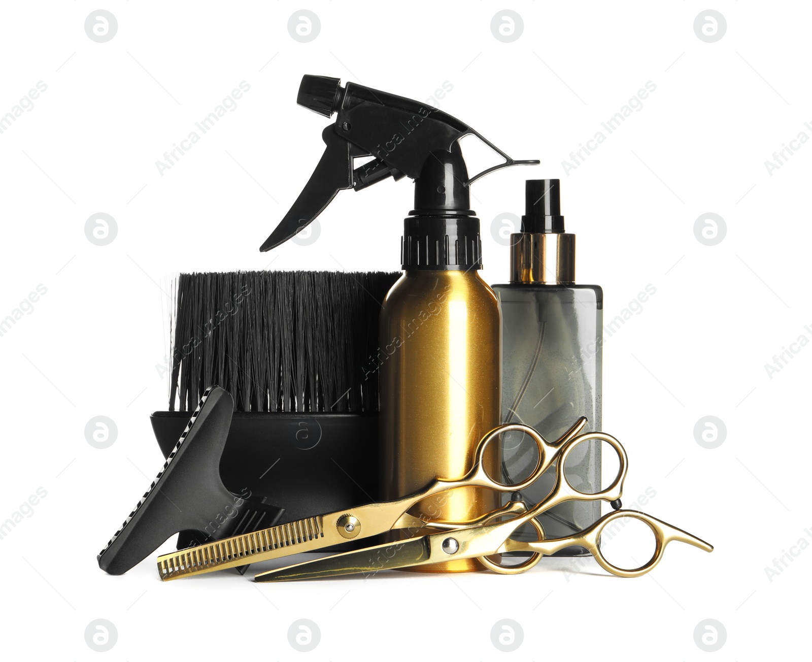 Photo of Set of professional hairdresser tools isolated on white