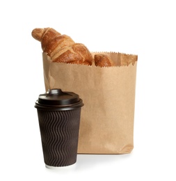 Photo of Paper bag with croissants and cup of coffee on white background. Space for design