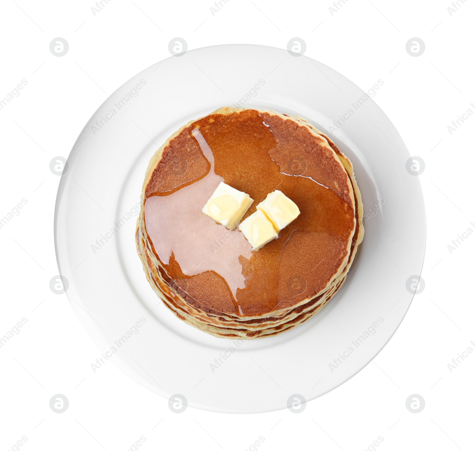 Photo of Stack of tasty pancakes with butter and honey on white background, top view
