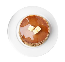 Stack of tasty pancakes with butter and honey on white background, top view