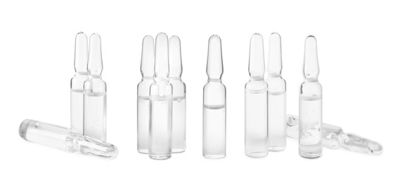 Image of Set with glass ampoules with pharmaceutical products on white background. Banner design