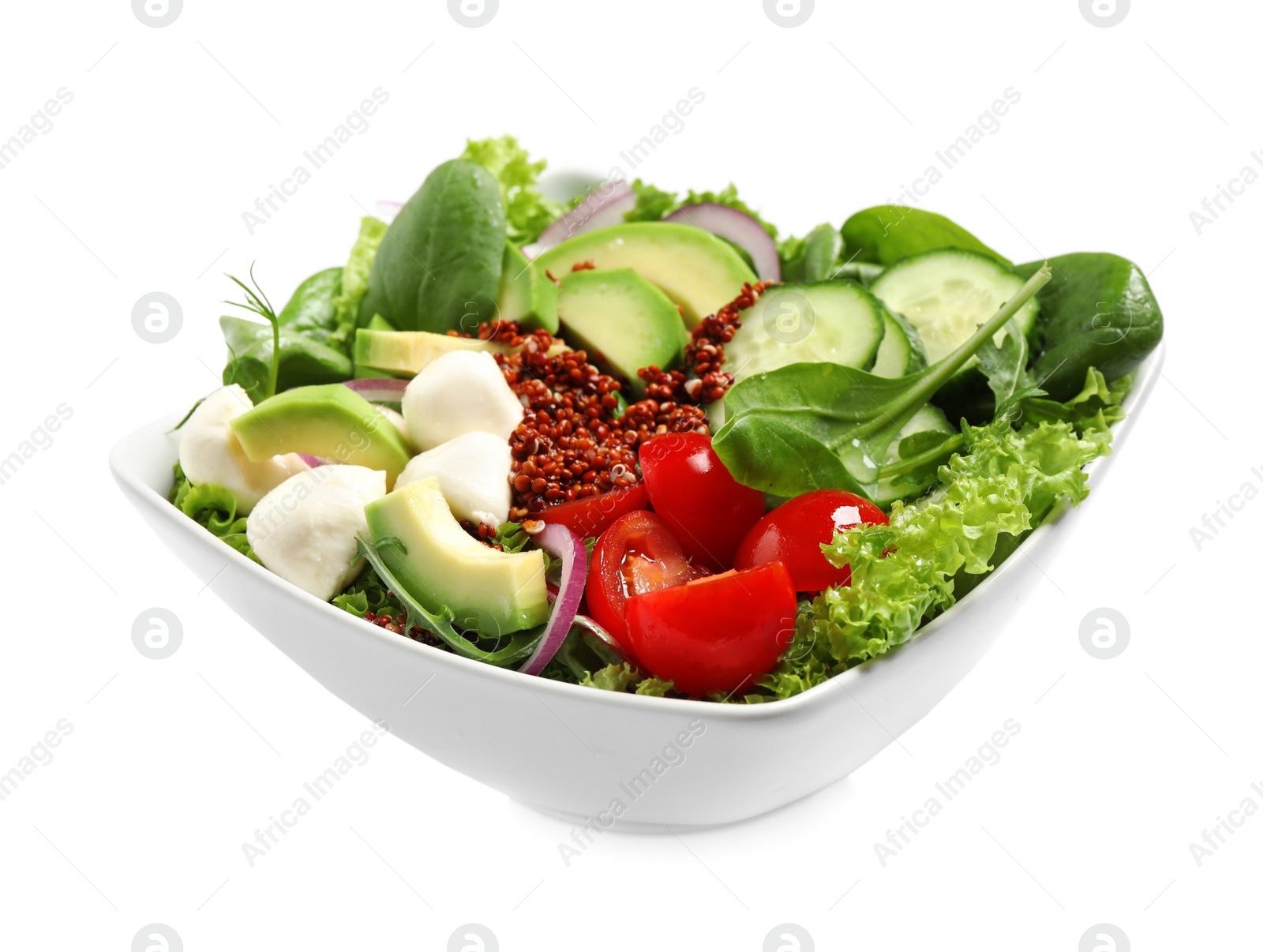 Image of Delicious salad with avocado and quinoa in bowl on white background