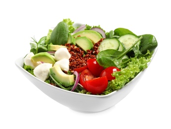 Image of Delicious salad with avocado and quinoa in bowl on white background