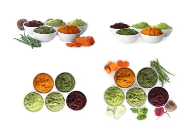 Set with different tasty vegetable puree on white background