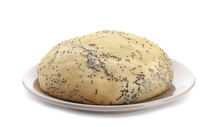 Photo of Plate and raw dough with poppy seeds on white background