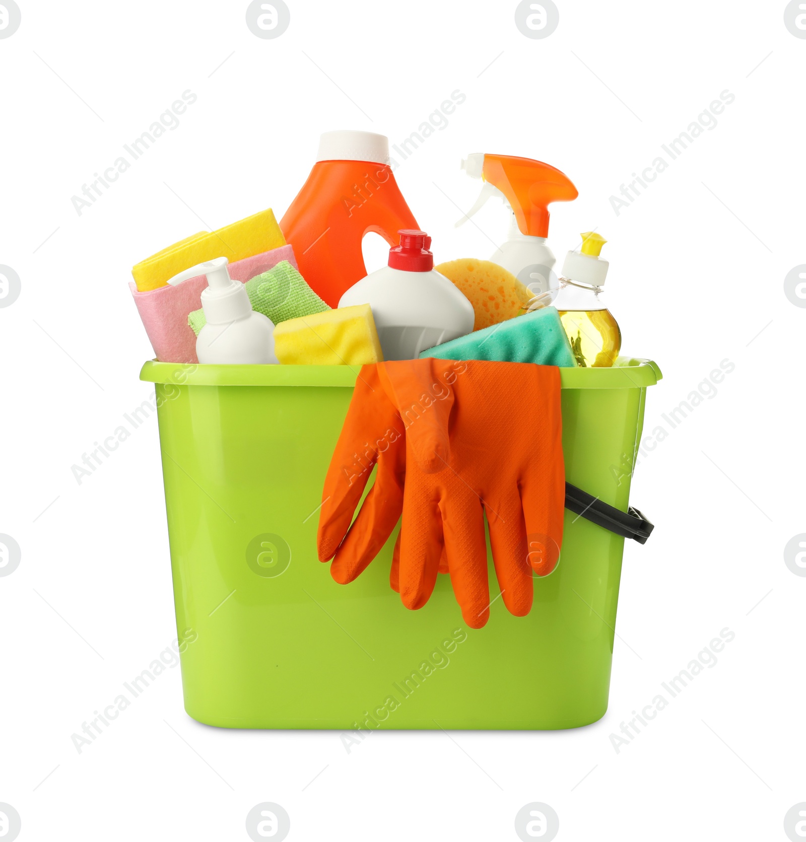 Photo of Green plastic bucket with cleaning supplies and tools isolated on white