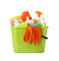 Photo of Green plastic bucket with cleaning supplies and tools isolated on white