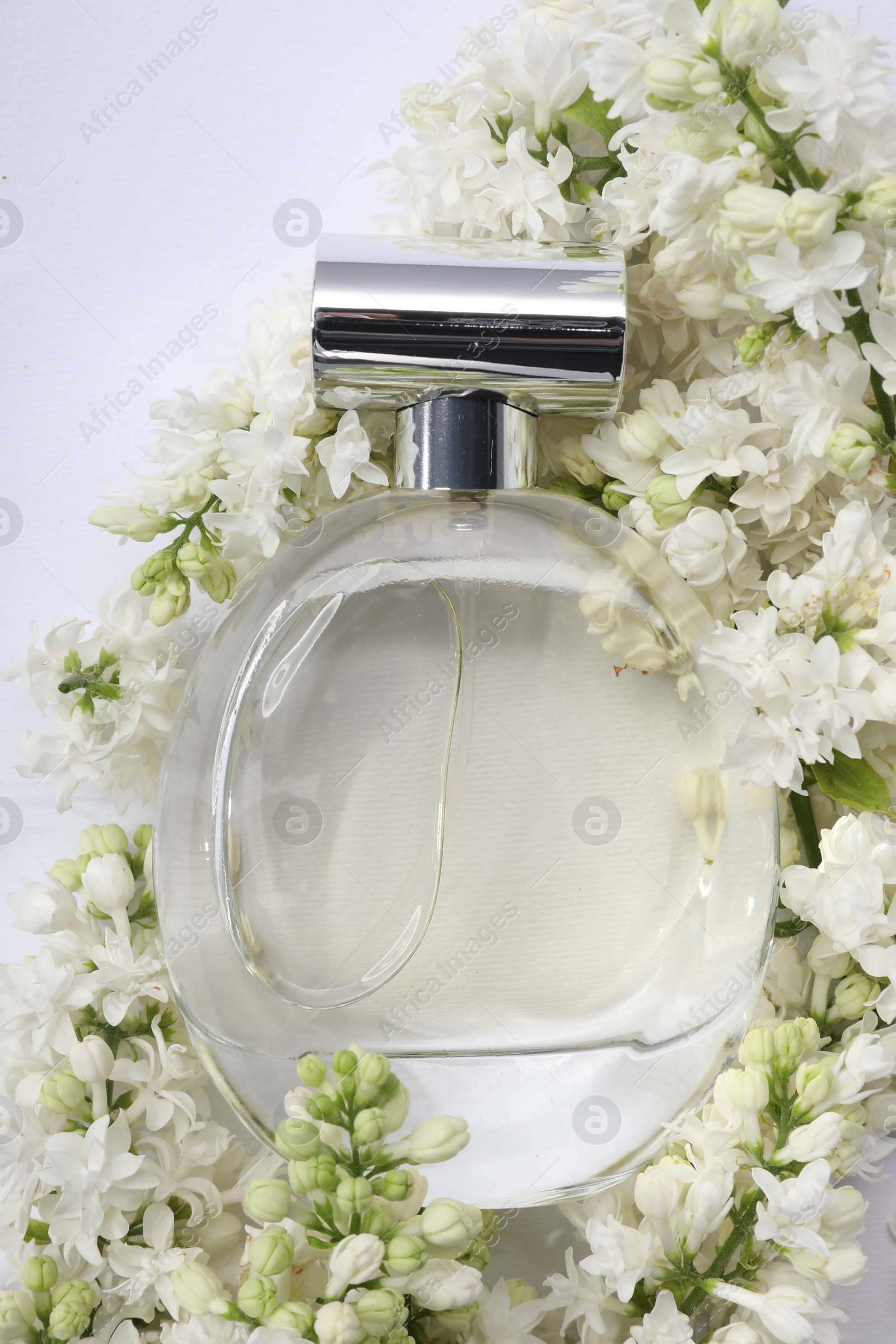 Photo of Luxury perfume and floral decor on white background, top view