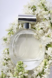 Luxury perfume and floral decor on white background, top view