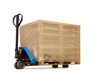 Image of Modern manual forklift with wooden pallets on white background