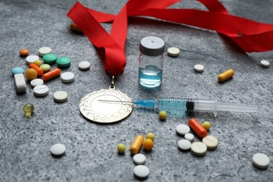 Photo of Composition with drugs on grey table. Doping control