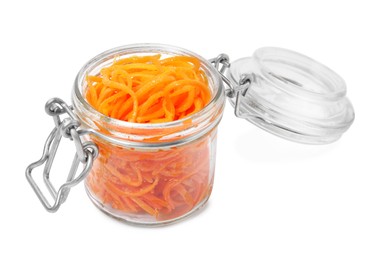 Photo of Delicious Korean carrot salad in jar isolated on white