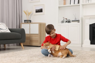 Photo of Little boy brushing cute ginger cat's fur on soft carpet at home