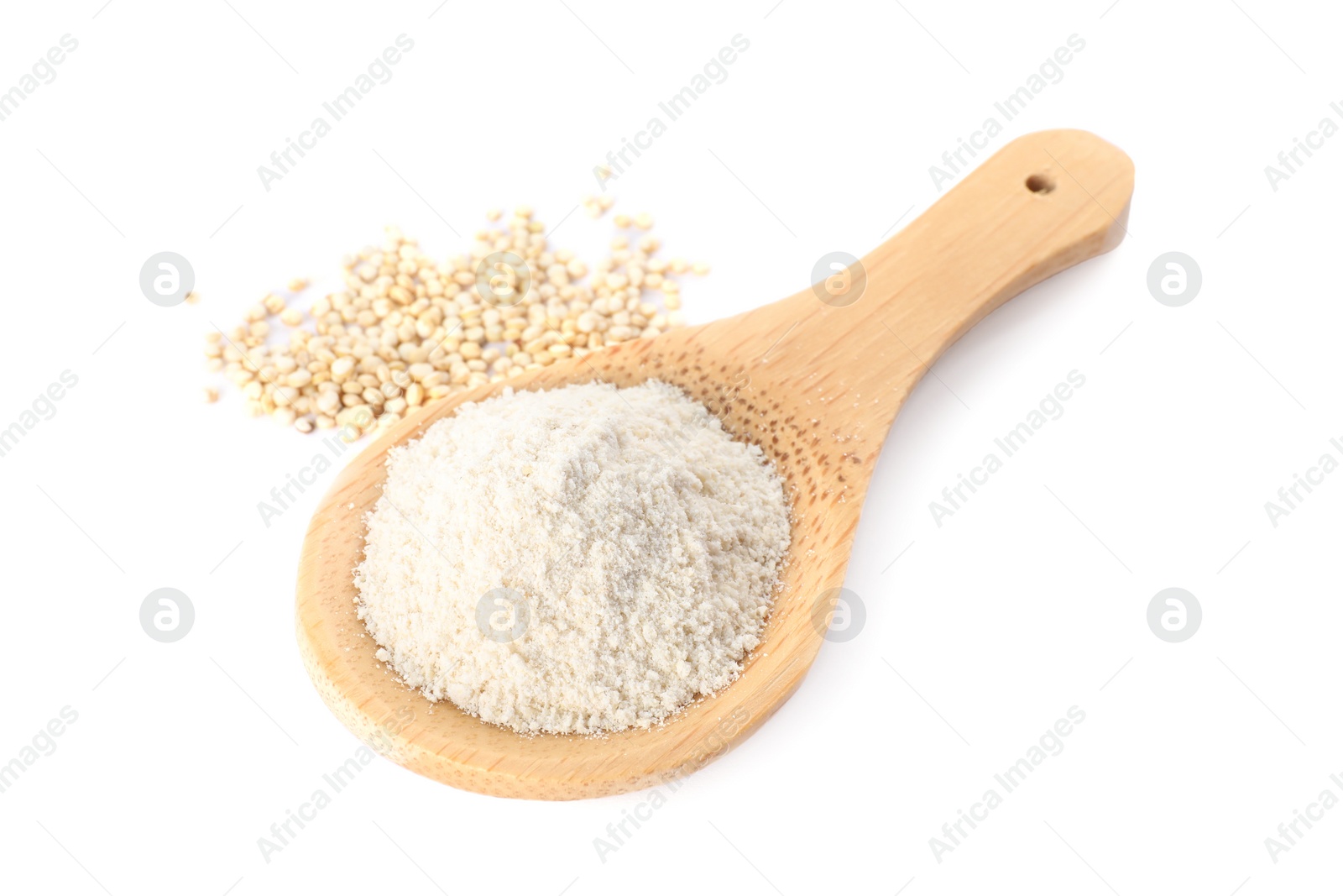 Photo of Wooden spoon with quinoa flour and seeds on white background