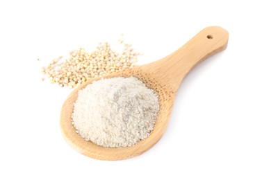 Wooden spoon with quinoa flour and seeds on white background