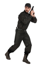 Photo of Male security guard in uniform with gun on white background