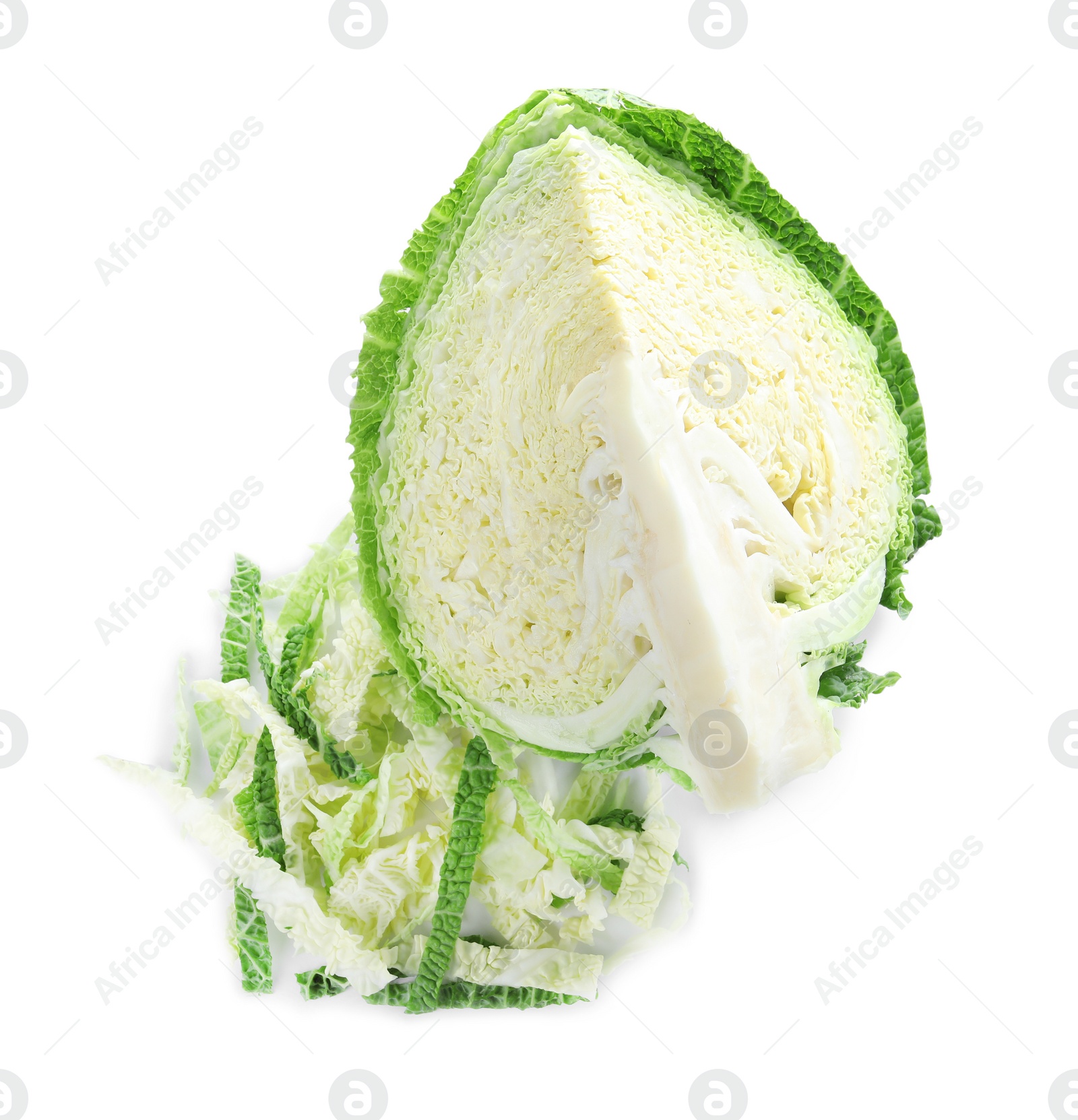 Photo of Fresh ripe savoy cabbage isolated on white, top view