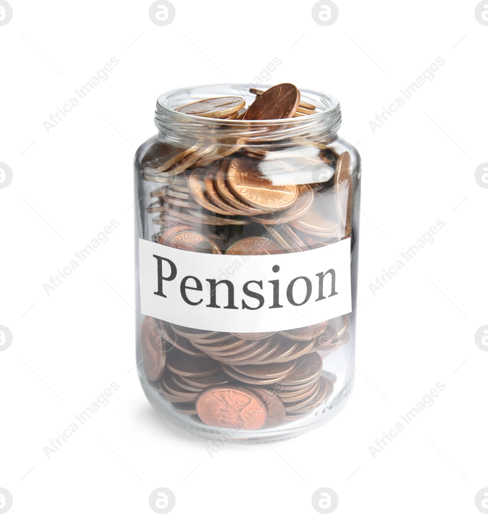 Photo of Glass jar with label PENSION and coins isolated on white