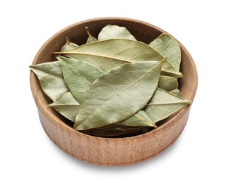 Photo of Bay leaves in wooden bowl isolated on white
