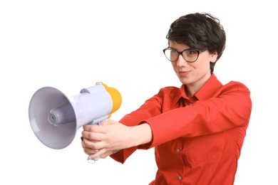 Photo of Young female doctor with megaphone on white background