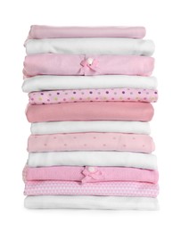 Photo of Stack of clean girl's clothes on white background