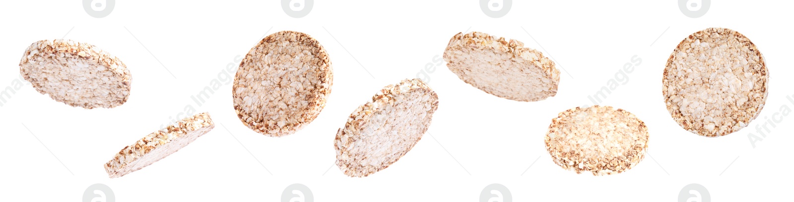 Image of Set with tasty crunchy puffed cakes on white background. Banner design