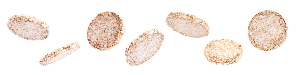 Image of Set with tasty crunchy puffed cakes on white background. Banner design